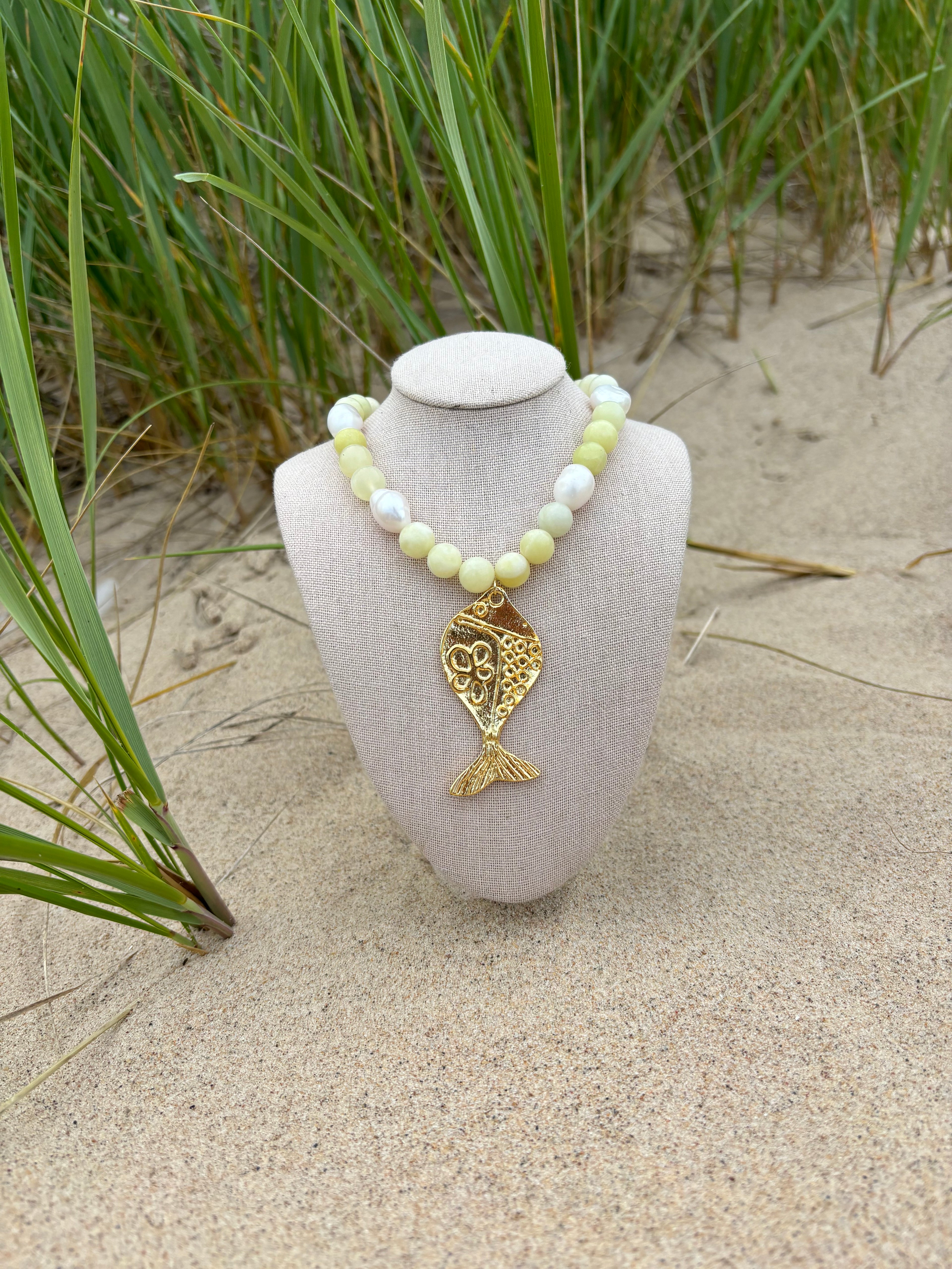 Yellow Pearl Funky Fish Necklace